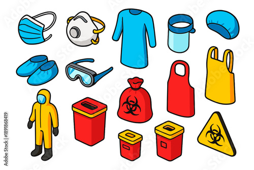 Healthcare Tools Icons. Isometric vector illustration set First Aid and Healthcare Tools: surgical mask, N95 respirator,