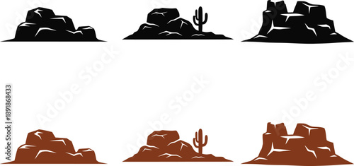 Set of Stylized Desert Rock Formations and Cacti Vector Illustrations for Western Landscapes
