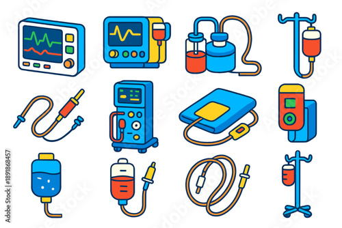 Healthcare Tools Icons. Isometric vector illustration set First Aid and Healthcare Tools: patient monitor, infusion pump,