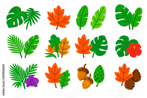 Tropical Decorative Leaves. Isometric vector illustration set Tropical and Decorative Leaves: tropical leaf mix, palm and monstera