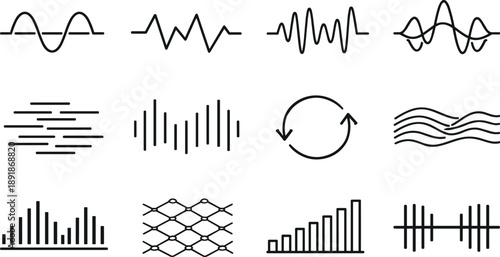 Line style vector icons of smart home energy management devices: wave tile, variation line, frequency tile, modulation line,
