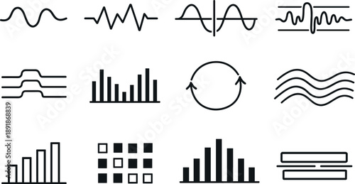 Line style vector icons of smart home energy management devices: wave tile, variation line, frequency tile, modulation line,