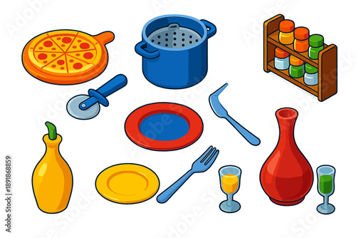 Bold Kitchen Elements. Isometric vector illustration set Kitchen and Dining Elements: pizza stone, pizza cutter, pasta pot,