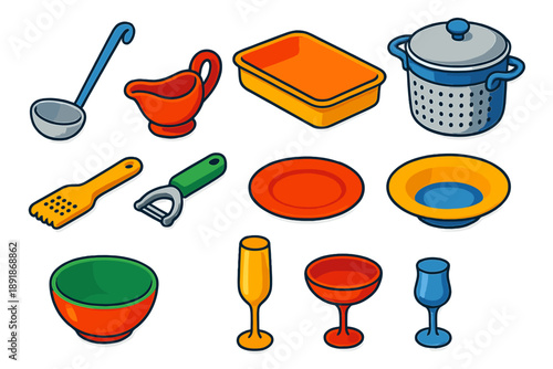 Kitchen Utensils Icons. Isometric vector illustration set Kitchen and Dining Elements: sauce ladle, gravy boat, roasting dish,