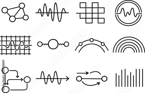 Line style vector icons of user experience usability evaluation design: rhythm node, wave bar, modulation tile, wave ring,