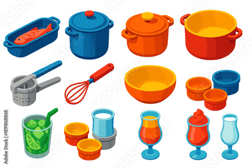 Vibrant Kitchenware Icons. Isometric vector illustration set Kitchen and Dining Elements: fish poacher, stockpot with lid, braiser