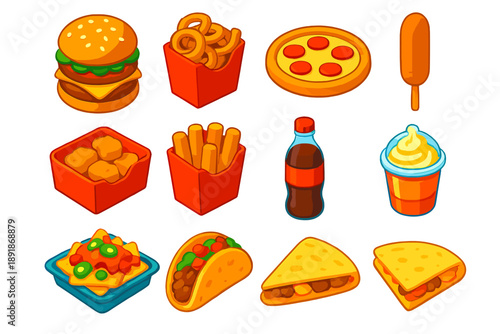 Bright Fast Food Icons. Isometric vector illustration set Fast Food Items: double burger, curly fries, pepperoni pizza, corn dog,