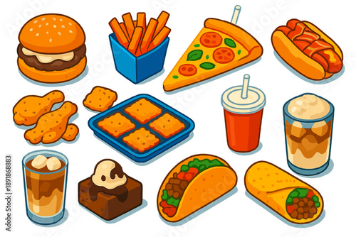 Vibrant Fast Food Icons. Isometric vector illustration set Fast Food Items: truffle burger, sweet potato fries, veggie pizza slice
