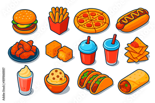 Bright Fast Food Icons. Isometric vector illustration set Fast Food Items: avocado burger, seasoned fries, stuffed crust pizza,