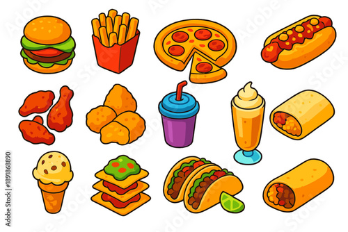 Bright Fast Food Icons. Isometric vector illustration set Fast Food Items: avocado burger, seasoned fries, stuffed crust pizza,