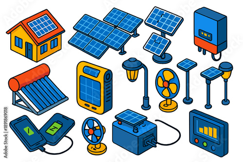 Solar Energy Icons. Isometric vector illustration set Solar Energy: rooftop solar panels, ground-mounted solar farm, solar tracker