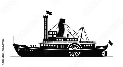 Vintage paddle steamer illustration with striking black silhouette