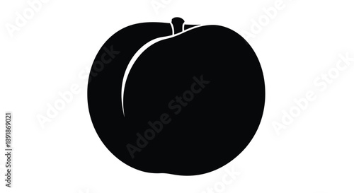 A striking black silhouette of a ripe peach on white background