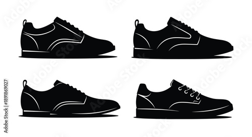 Four black sneaker designs displayed as a striking silhouette