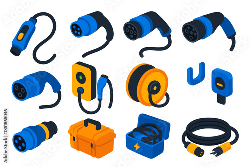 EV Charging Accessories. Isometric vector illustration set Charging Accessories: AC charging cable, DC fast charging cable, Type 2
