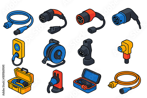 EV Charging Accessories. Isometric vector illustration set Charging Accessories: AC charging cable, DC fast charging cable, Type 2