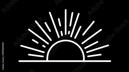 A stark, minimalist illustration of the sun rising, rendered in white lines against a black background