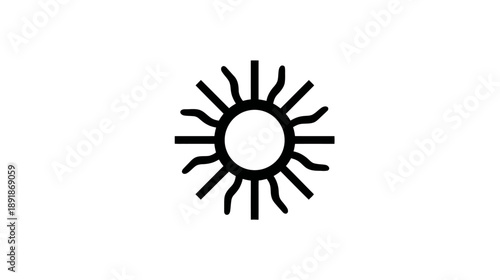 A black abstract sun symbol on a white background, with radiating lines and a central circle
