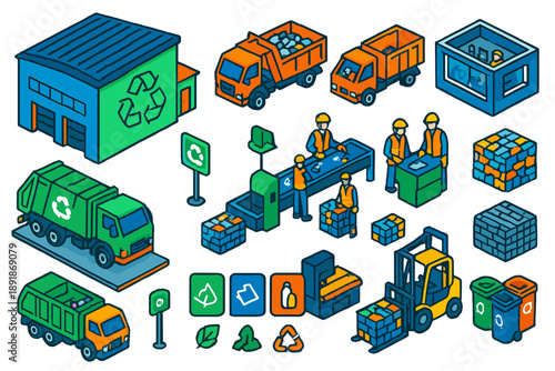 Recycling Center Isometric Illustration. Isometric vector illustration set Recycling Center: main building, weighbridge, waste
