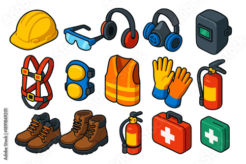 Safety Gear Collection. Isometric vector illustration set Safety and Protective Gear: hard hat, safety goggles, ear protection,
