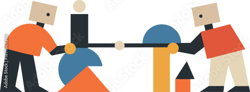 Second abstract geometric figure appears nearby linking and aligning shapes with first figure as early collaborative process