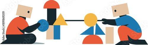 Second abstract geometric figure appears nearby linking and aligning shapes with first figure as early collaborative process