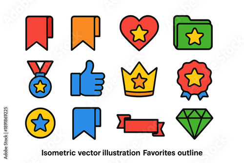 Bold Favorite Icons. Isometric vector illustration set Favorites Outline Style: bookmark outline, ribbon bookmark outline,