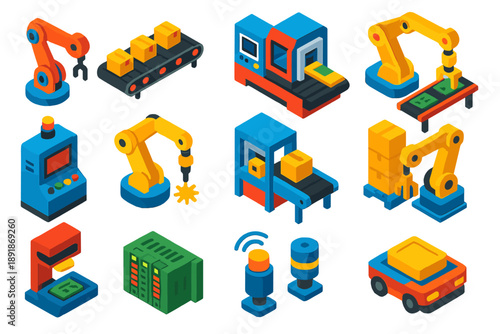 Industrial Automation Icons. Isometric vector illustration set Industrial Automation: robotic arm, conveyor belt, CNC machine,