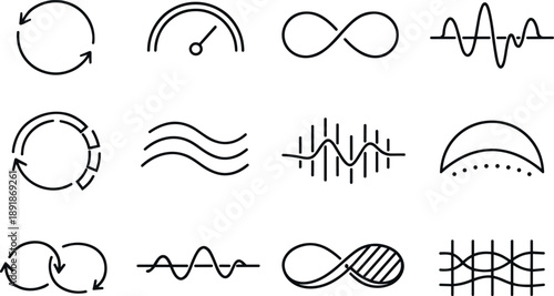 Line style vector icons of financial banking customer support services: cycle bar, timing arc, loop line, amplitude node, cycle