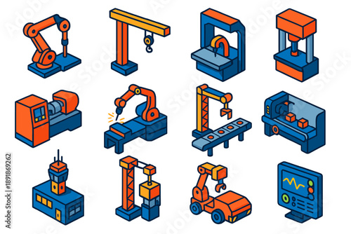Industrial Automation Icons. Isometric vector illustration set Heavy Industry Automation: robotic arm, industrial crane, automated