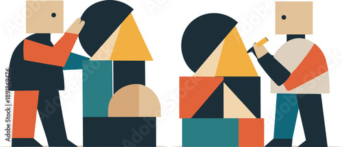 Geometric Collaboration Scene. Second abstract geometric figure appears nearby aligning and adjusting constrained shapes with