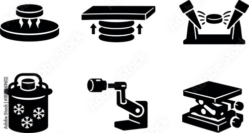 Solid vector icons of superconducting levitation experiments: levitated pellet, magnet plate, controlled magnetic gradient;