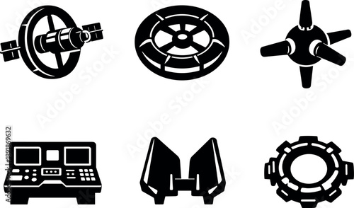 Solid vector icons of centrifugal artificial gravity systems: rotating space module, inner habitation ring, rotation axis hub;
