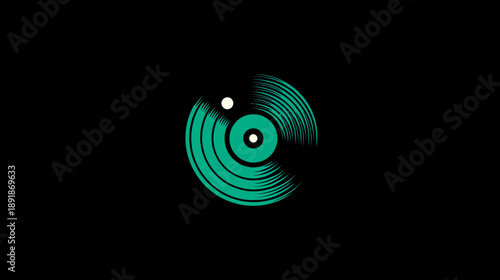 A teal vinyl record graphic against a stark black background, minimalistic in design