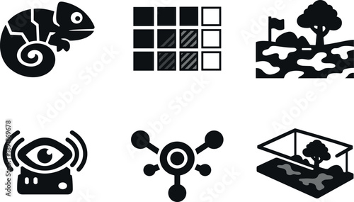 Adaptive Camouflage Icons. Solid vector icons of ambient-adaptive camouflage systems: chameleon panel, hue-adapting grid,