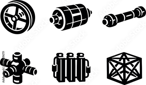 Solid vector icons of spacecraft artificial-gravity sections: spin-generated gravity deck, rotating outer shell, axial corridor;