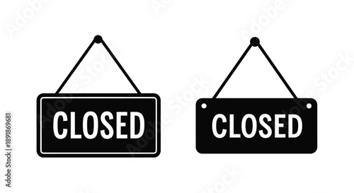 Two black closed signs hanging simple graphic design silhouette
