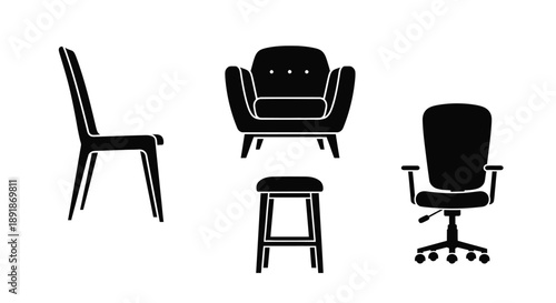 Black furniture set including chairs stool and office chair silhouette