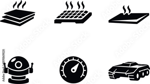 Solid vector icons of infrared-stealth ground systems: IR-dampening plates, heat-distribution lattice, low-emission surface;