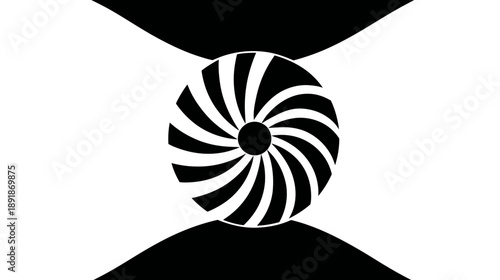 Black and white abstract with a spiral fan in the center, touching the negative space