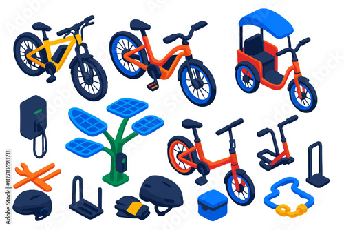 Electric Bicycle Icons. Isometric vector illustration set electric bicycle: adventure e-bike, city cruiser e-bike, cargo trike