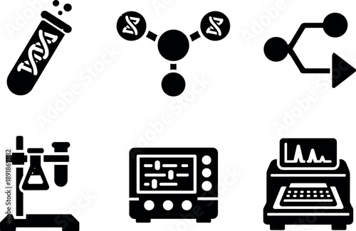 Solid vector icons of biochemical logic systems: DNA reaction vial, hybridization node, molecular decision pathway; lab holder,