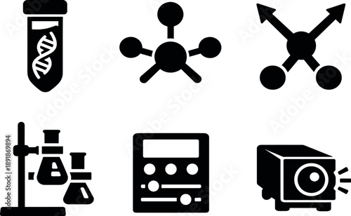 Solid vector icons of biochemical logic systems: DNA reaction vial, hybridization node, molecular decision pathway; lab holder,