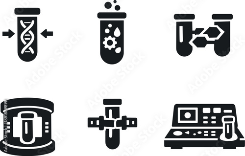 Solid vector icons of biochemical information-processing tubes: DNA gate system, enzymatic reaction zone, molecular state switch;