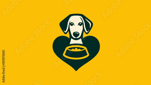 A dog illustration with a heart and food bowl on a yellow background