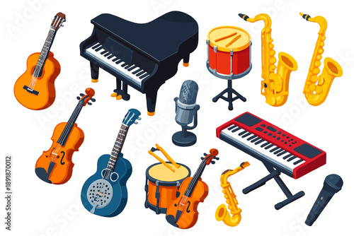 Vibrant Musical Icons. Isometric vector illustration set music instruments: flamenco cutaway guitar, upright grand piano, floor
