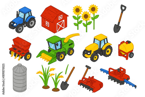 Colorful Farm Equipment. Isometric vector illustration set agriculture: blue compact tractor, red barn, sunflower plants, shovel,