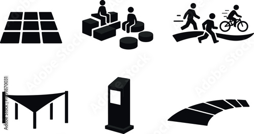 Solid vector icons of community-engagement spaces: open plaza grid, dynamic seating modules, movement-friendly layout; shade