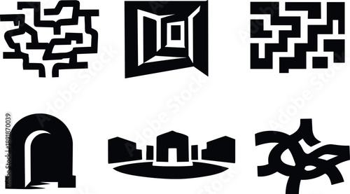 Solid vector icons of maze-like unsettling districts: winding alley network, disorienting corridor turns, narrow passage grid;
