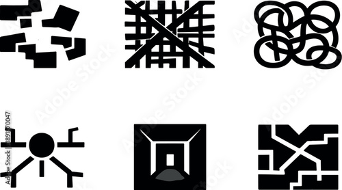 Solid vector icons of psychologically unsettling block layouts: fragmented pathways, chaotic street lattice, looping confusion